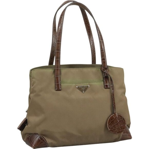 PRADA Tote Bag Nylon Leather Khaki Brown Silver - Picture 1 of 15